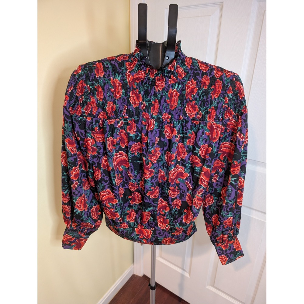 Calligraphie Floral Smocked Blouse Black Red High Neck Top - Size S